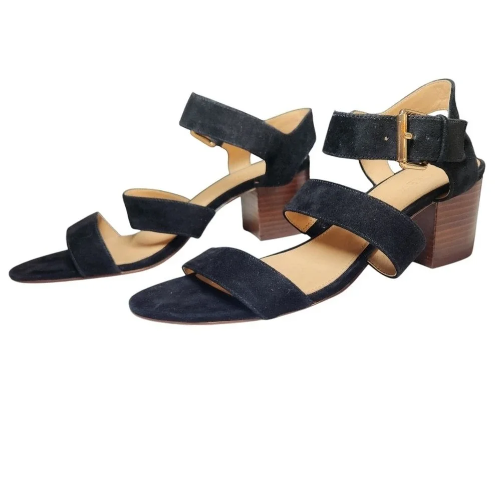 J Crew Three Strap‎ Suede Sandal Block Heel Black Ankle Strap Gold Buckle Prep 9